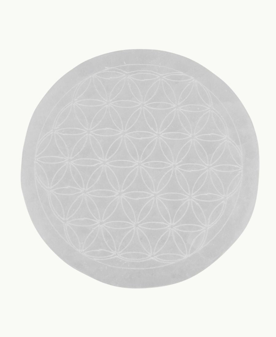 Selenit‑Scheibe „Blume des Lebens“ - 10 cm